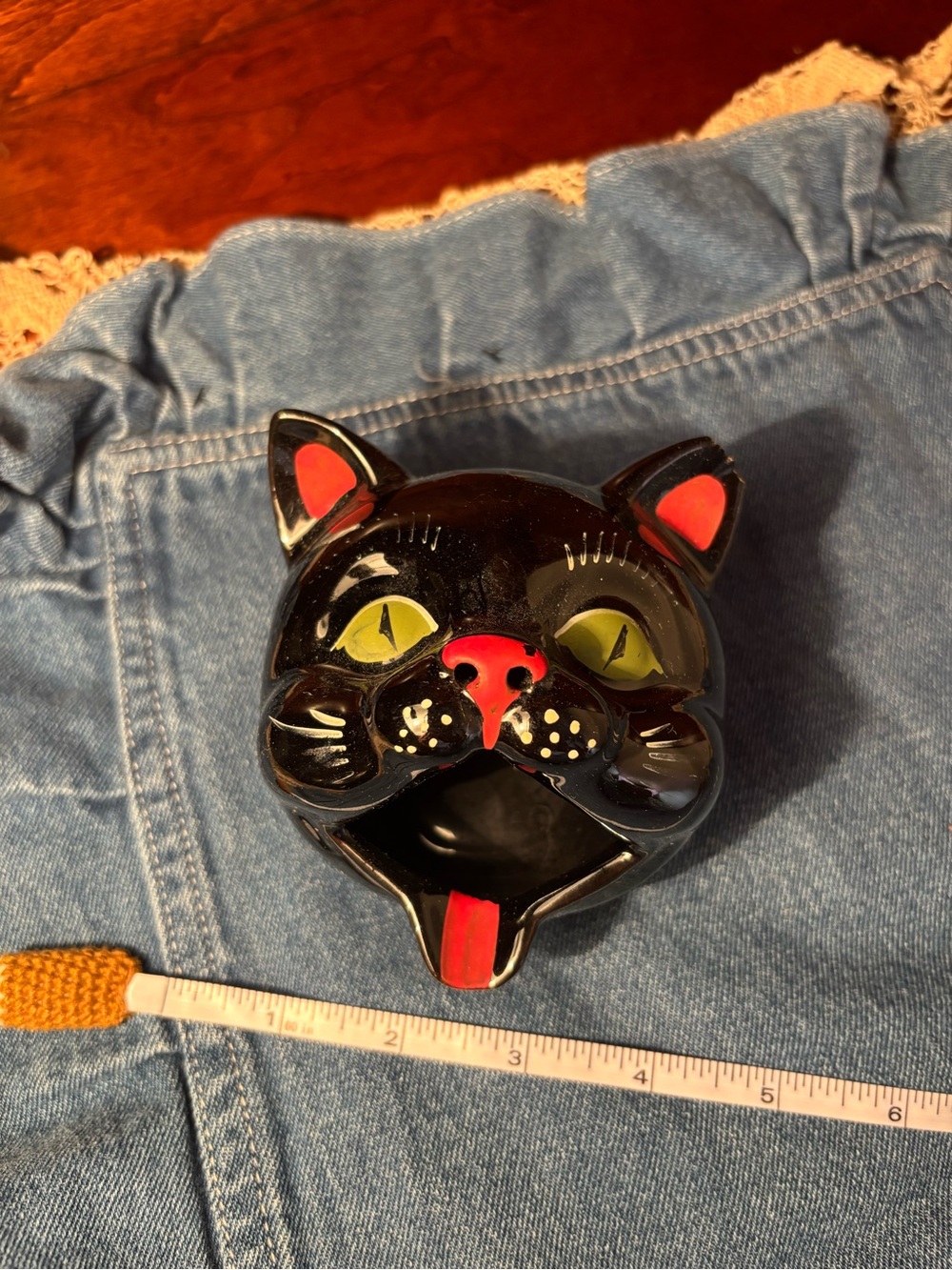 Black Ceramic Cat ashtray Bowl with Red and Yellow Accents